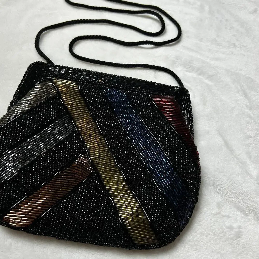 Vintage Beaded Evening Bag Black Rainbow Shoulder Purse Garfinckel's Pocketbook